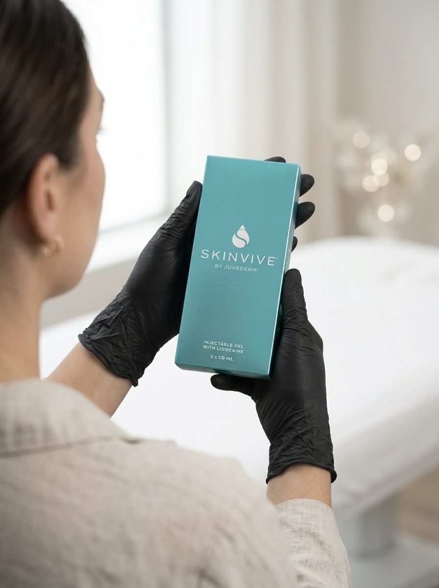 Gloved hands holding a Skinvive by Juvederm box