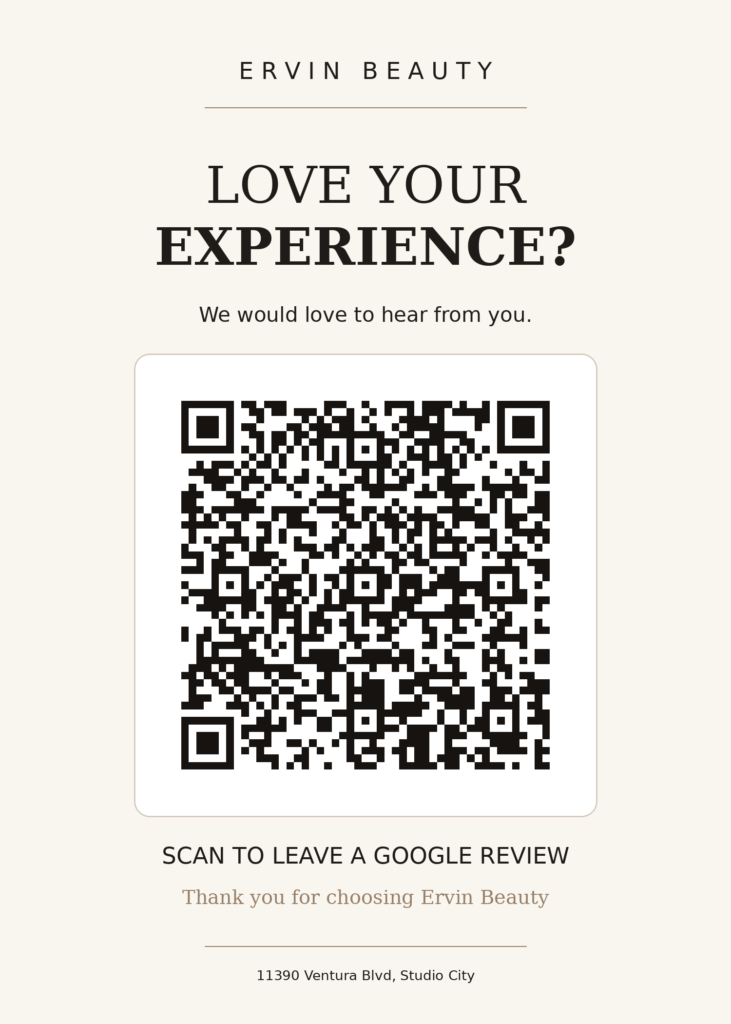Ervin Beauty card inviting patients to leave a Google review.